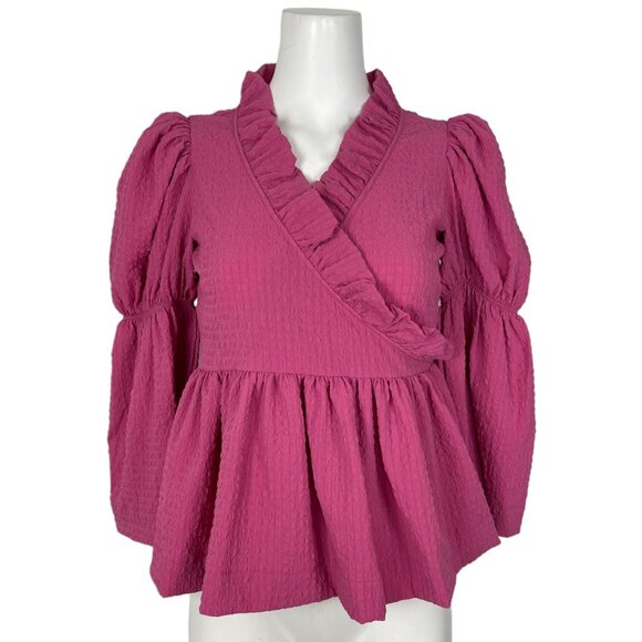 By TiMo Womens Bubble Wrap Blouse S Pink Ruffles Bell Sleeve Peplum Romantic - Picture 1 of 12